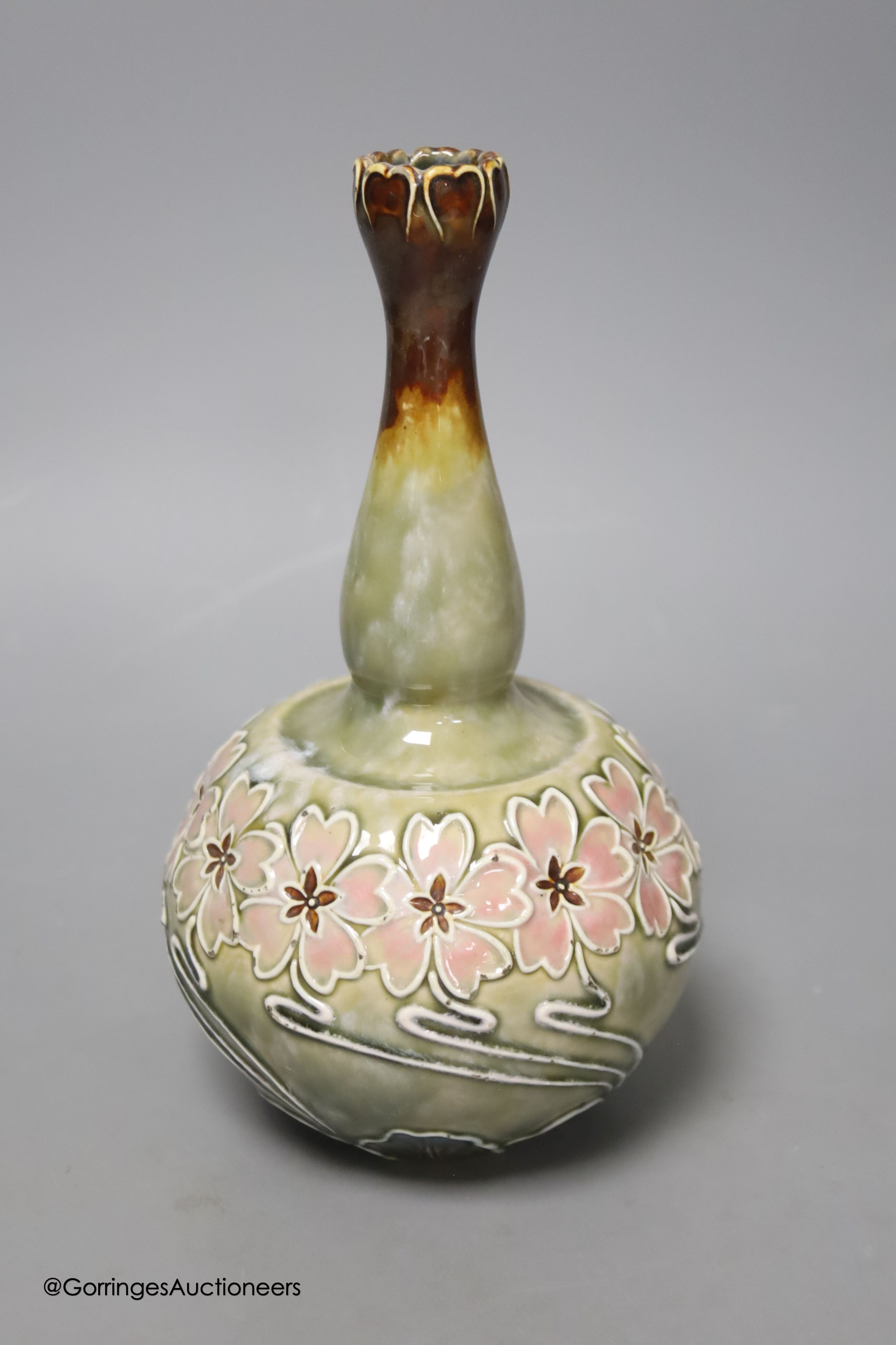 A Royal Doulton stoneware pink flower vase by Eliza Simmance, height 21cm